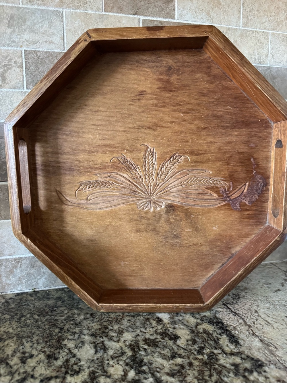 Octagonal Wood Serving Tray in Warm Brown Vintage